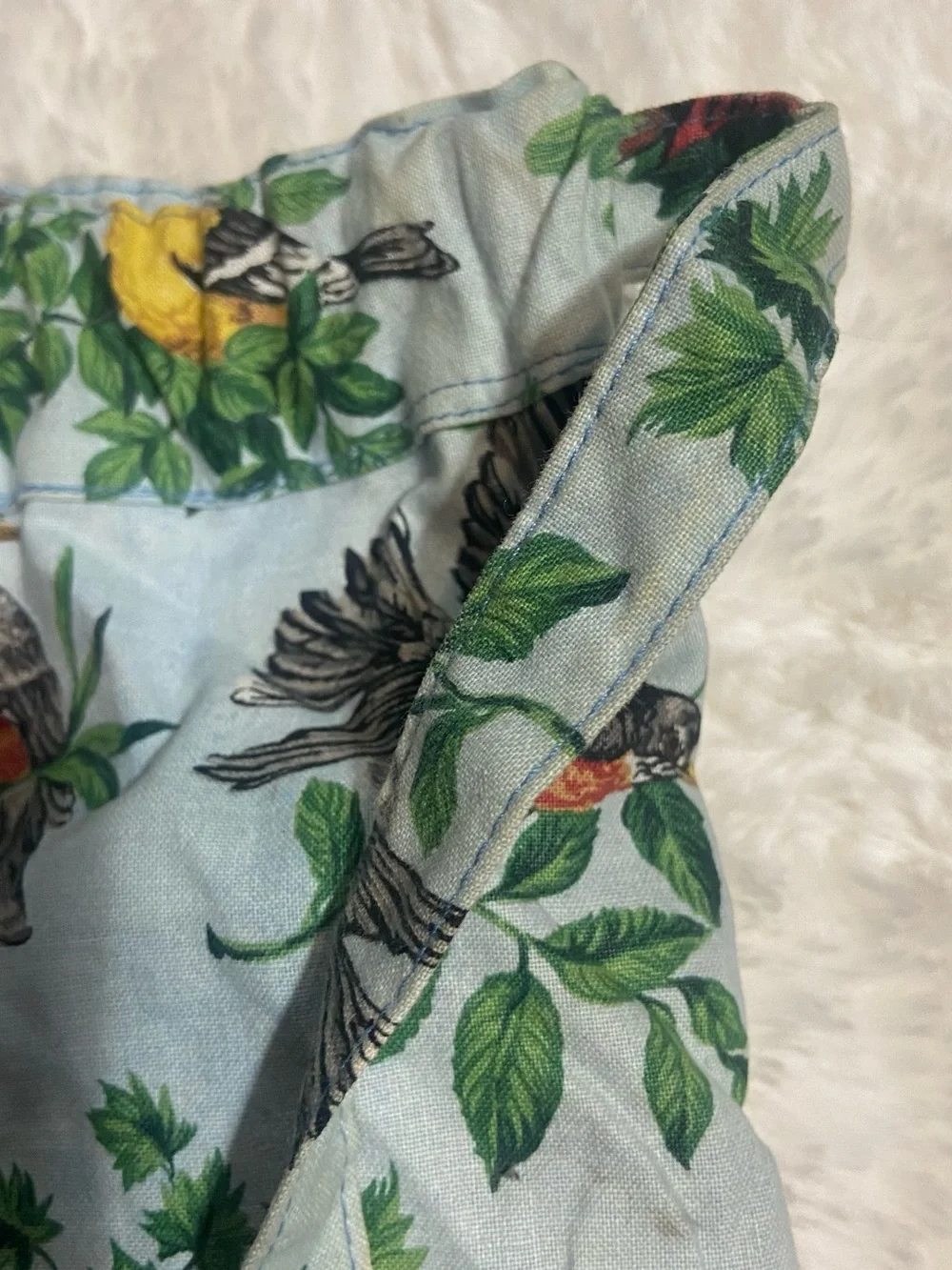 Stitches Bird-Print Drawstring Pouch in Blue, Green, Red, Yellow